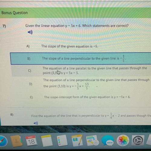 Given the linear equation y - 5x = 6. Which statements are correct?