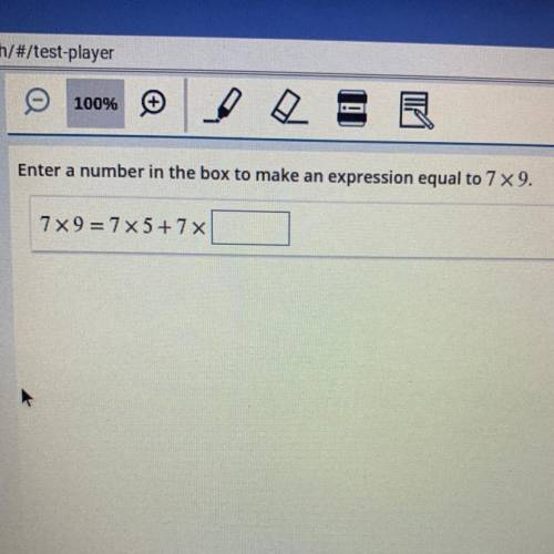 Enter a number in the box to make an expression equal to 7 x 9.
7 x 9 = 7 x 5 + 7 x ?