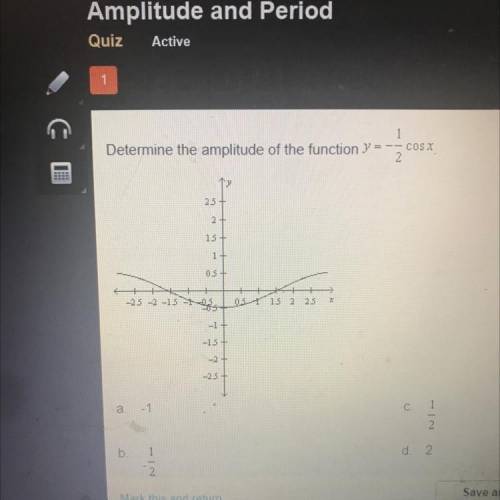 Determine the amplitude of the function y= -1/2 cos x. a. -1 b. -1/2 c. 1/2 d. 2