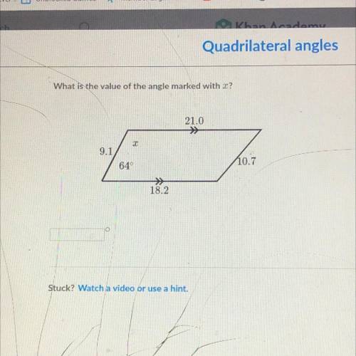 What is the value of the angle marked with x?
21.0
9.1
64°
10.7
18.2
