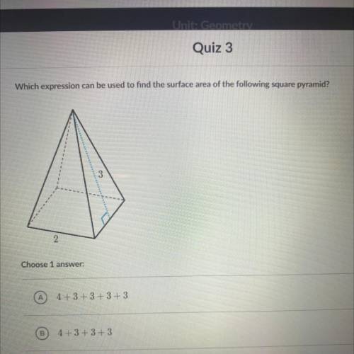 Which expression can be used to find the surface area of the following square pyramid?

Choose 1 a