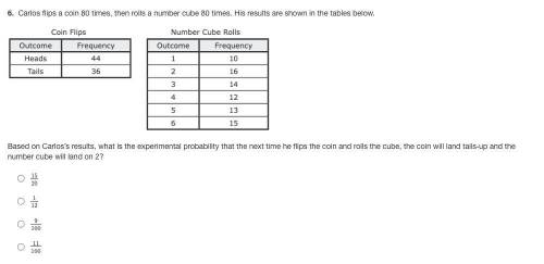 6. Carlos ﬂips a coin 80 times, then rolls a number cube 80 times. His results are shown in the tab