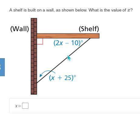 A shelf is built on a wall, as shown below. What is the value of x?