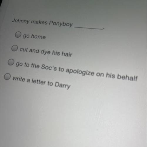Johnny makes Ponyboy

A:go home
B:cut and dye his hair
C:go to the Soc's to apologize on his behal