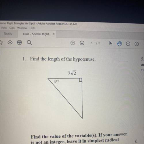 1. Find the length of the hypotenuse.
5.
answe
radica
772
450