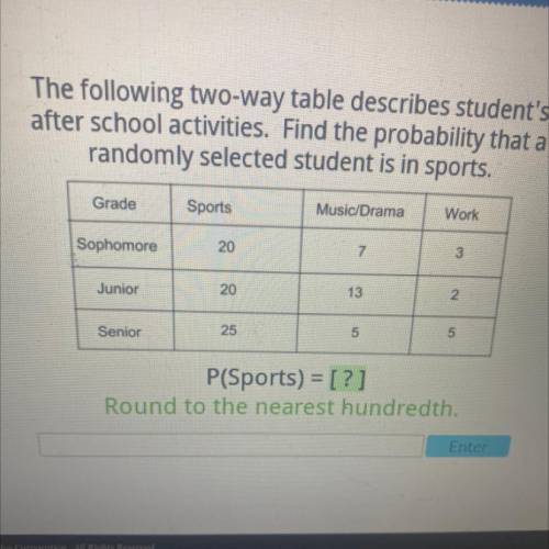 The following two way table describes students after school activities find the probability that a