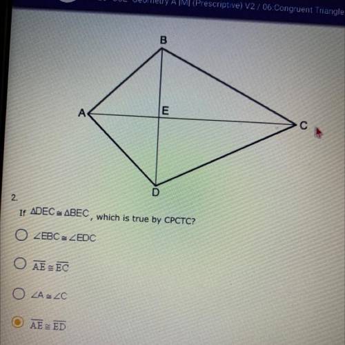 If triangle fed is congruent to triangle bec, which is true by cpctc?
