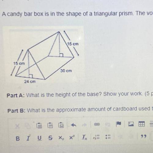 A candy bar box is in the shape of a triangular prism. The volume of the box is 3240 cubic centimet