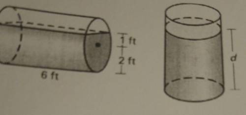 A cylindrical water tank with radius 2 feet and length 6 feet is filled with water to a depth of 3