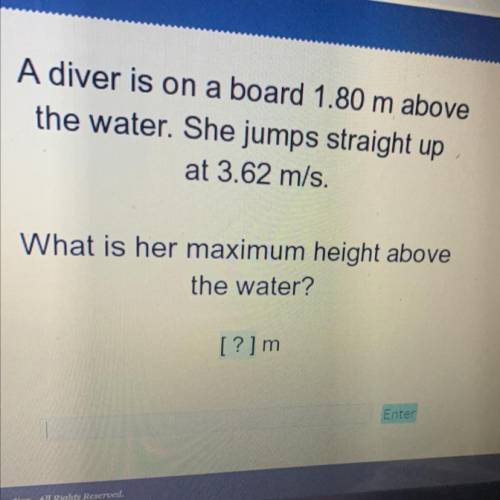 A diver is on a board 1.80 m above

the water. She jumps straight up
at 3.62 m/s.
What is her maxi