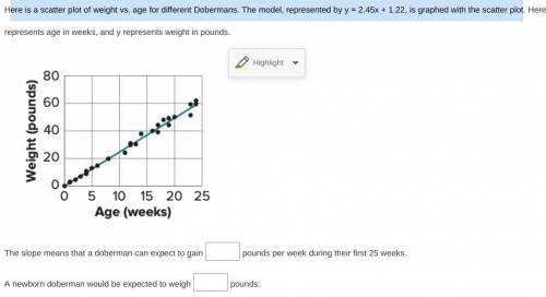 Here is a scatter plot of weight vs. age for different Dobermans. The model, represented by y = 2.4