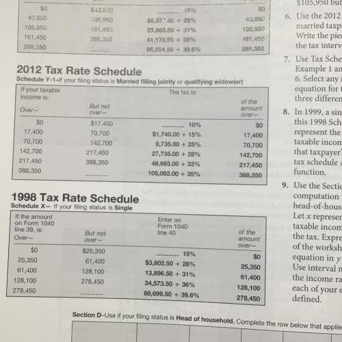 use the tax schedule Y-1 from example 1 and exercises 5 and 6 select any income Write an equation f