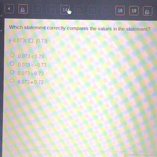HELP ME PLS

Which statement correctly compares the values in the statement? 
|-0.073| □ |0.73