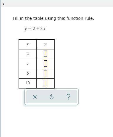 I need help. I will give brainlist if right answer.

Fill in the table using this function rule.
y