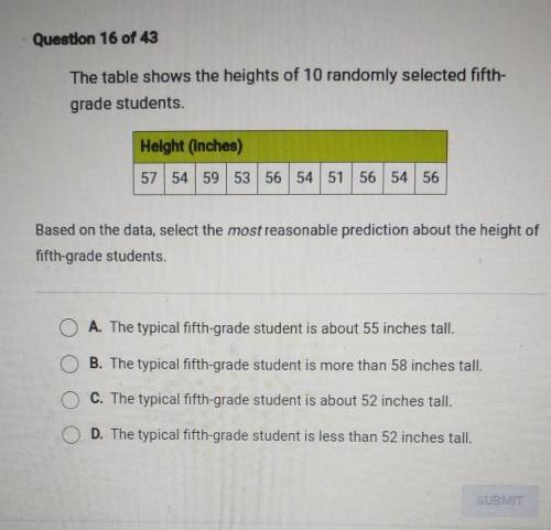 Question 16 of 43 The table shows the heights of 10 randomly selected fifth- grade students. Height