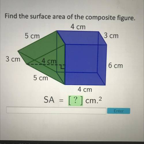 Find the surface area of the composite figure.

4 cm
5 cm
3 cm
3 cm
4 cm
2
6 cm
5 cm
4 cm