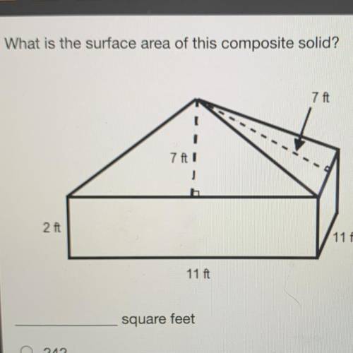 What is the surface area of this composite solid?

7 At
7 ft!
]
2 ft
11 ft.
11 ft
square feet