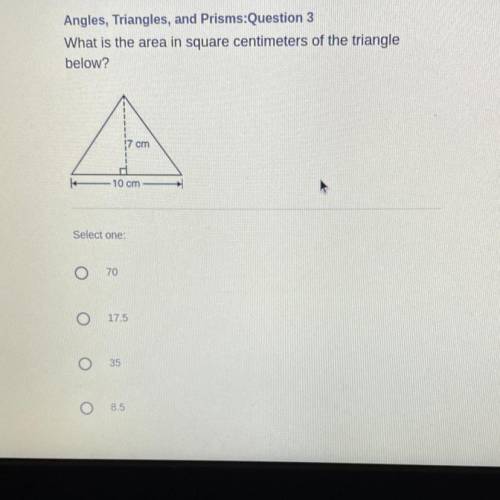What is the area in square centimeters of the triangle
below?