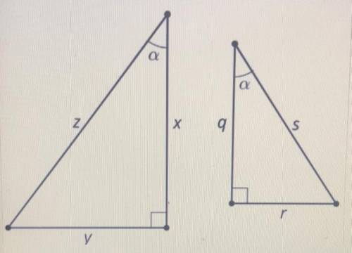 Part A) Explain how you know the right triangles are similar.

Part B) Write a ratio that is equiv