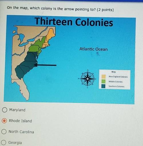 On the map, which colony is the arrow pointing to? (2 points) Thirteen Colonies Atlantic Ocean Key