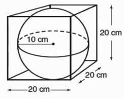A sphere fits inside a cube with the sphere's diameter equal to the width of the cube, 20 centimete