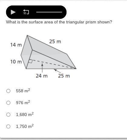 What is the surface area of the triangular prism shown?

A triangular prism. The triangle faces ha