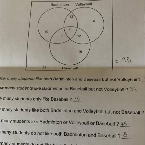 Answer the Questions Based on the Venn Diagram

Badminton
Volleyball
13
8
7
10
9
12
15
=95
21
Base