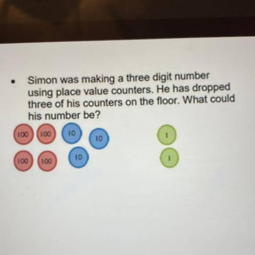 Simon was making a three digit number

using place value counters. He has dropped
three of his cou