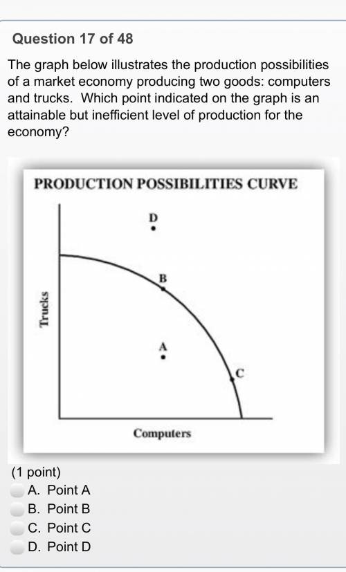 The graph below illustrates the production possibilities of a market economy producing two goods: c
