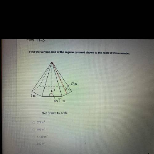 HELP PLZZZZ

Find the surface area of the regular pyramid shown to the nearest whole number.
17 m