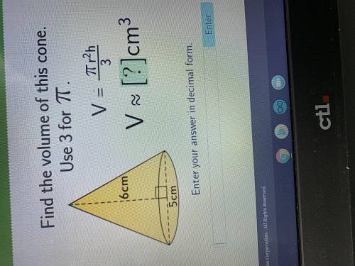 Find the volume of this cone. Use 3 for pi. Answer needs to be in decimal form.