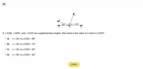 If ∠AOB, ∠BOC, and ∠COD are supplementary angles, then what is the value of x and m∠COD?