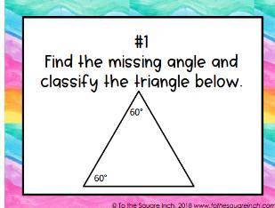 Find the missing angle and classify the triangle below.