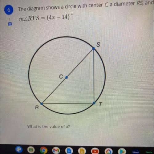 The diagram shows a circle with center C, a diameter RS, and an inscribed triangle RST.

mZRTS = (