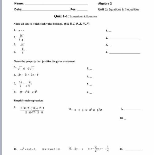Quiz 1-1: Expressions & Equations Algebra 2 
Please help 100 points