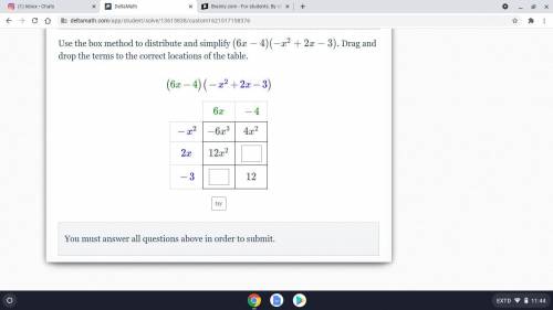 Use the box method to distribute and simplify (6x-4)(-x^2+2x-3). Drag and drop the terms to the cor