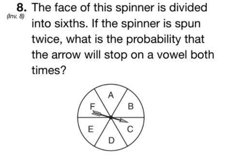 The Face of spinner is divided into sixths. If the spinner is spun twice what is the probability th