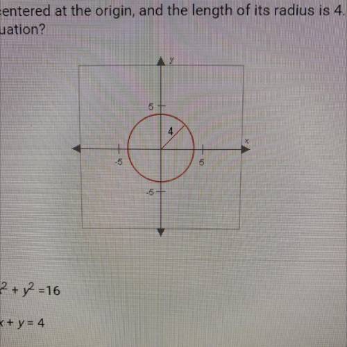 This circle is centered at the origin, and the length of its radius is 4. What is

the circle's eq