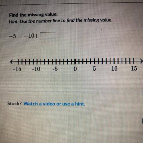 Find the missing value.

Hint: Use the number line to find the missing value.
-5 = –10+
出
H}
10 15