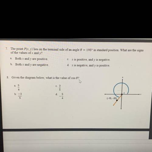 The point P(x, y) lies on the terminal side of an angle 0= 195° in standard position. What are the