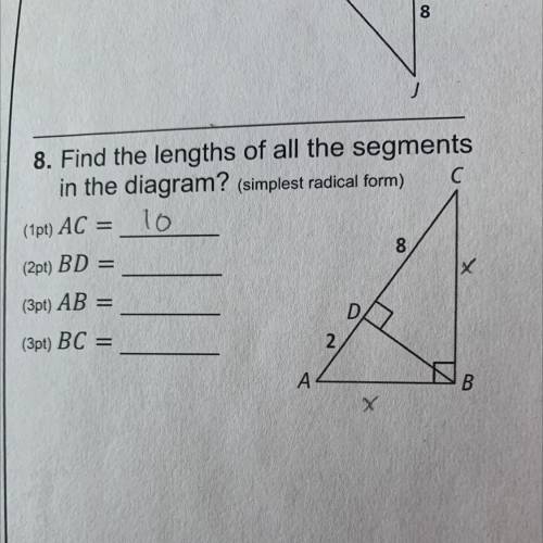 Find the lengths of all the segments in the diagram, simplest radical form

AC=
BD=
AB=
BC=
