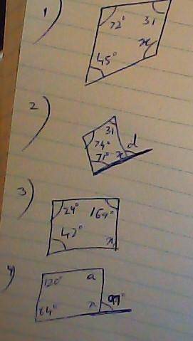 Q) Find the missing angle inside the quadrilaterals

please do it like this
Example : 1) sum of an