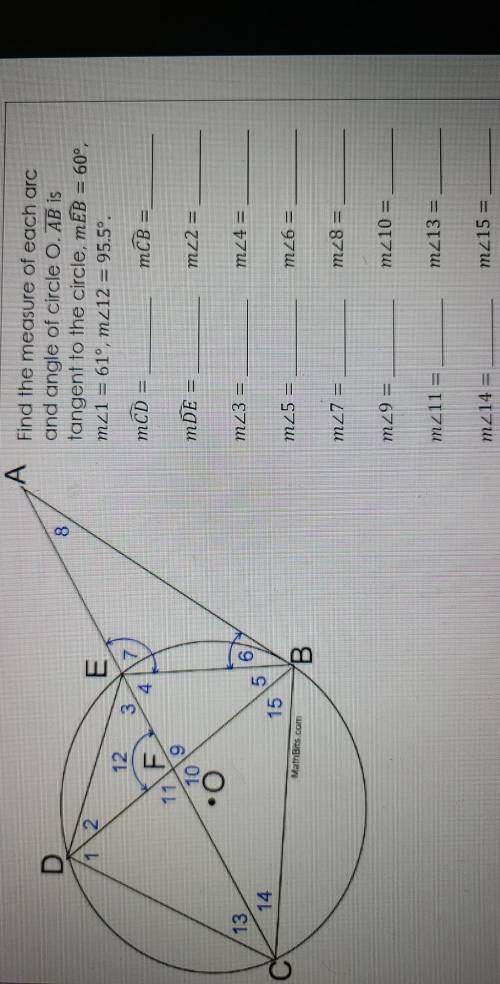 find the meashre of each Arc and angle of circle O. AB is tangent to the circle, mEB = 60, m<1 =