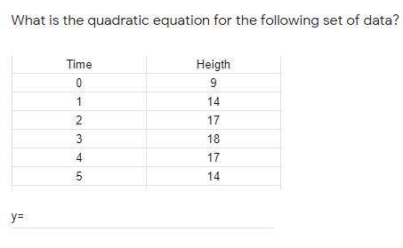 What is the quadratic equation for the following set of data?

Please help, and thanks if you do!