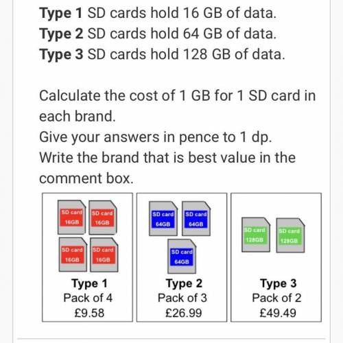 A shop sells three types of Sd cards.Type 1 SD cards hold 16 GB of data.

Type 2 SD cards hold 64