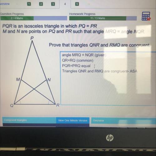 PQR is an isosceles triangle in which PQ = PR

Mand N are points on PQ and PR such that angle MRQ