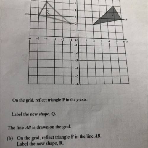 “On the grid reflect triangle P in the y-axis Label the new shape Q The line AB is drawn on the gri