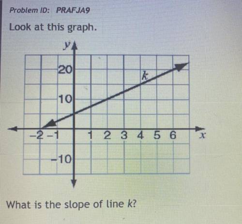 Problem ID: PRAFJA9

Look at this graph.
What is the slope of line k?
(I will give you the brainie