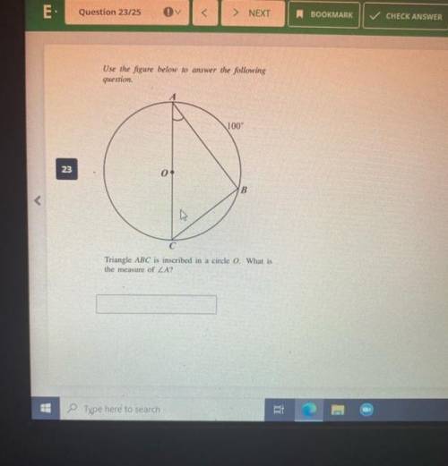 Triangle ABC is inscribed in circle 0, What is the measure of A?