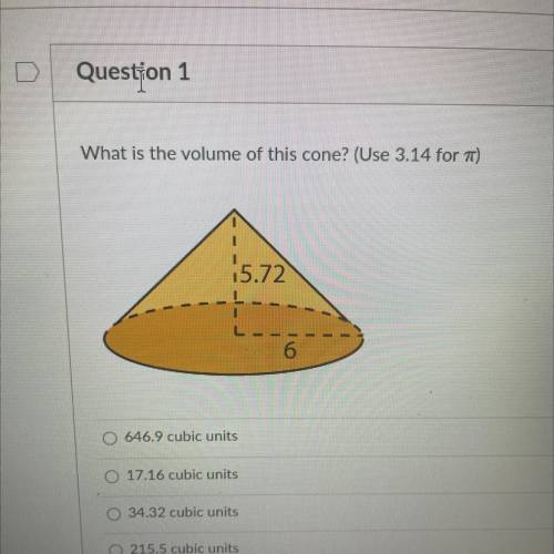 100 POINTS What is the volume of this cone? Use 3.14 for N